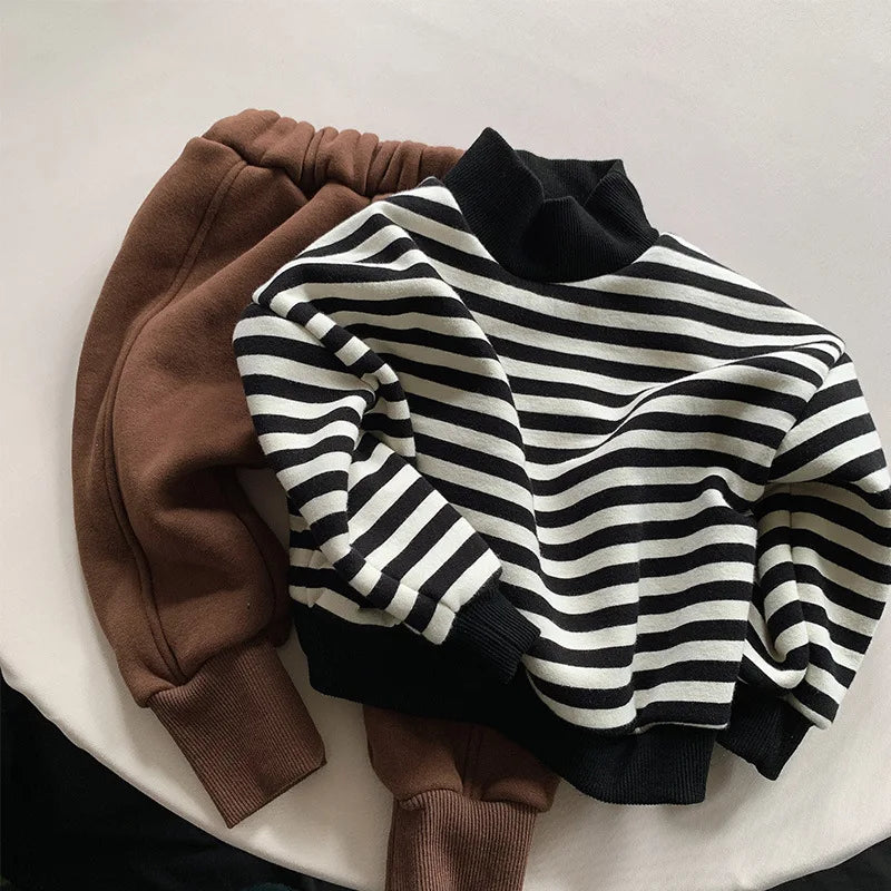 Warm Fleece Striped Turtleneck Sweatshirt