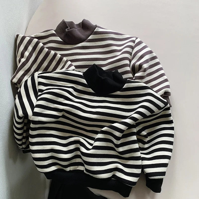 Warm Fleece Striped Turtleneck Sweatshirt