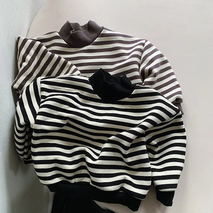 Warm Fleece Striped Turtleneck Sweatshirt
