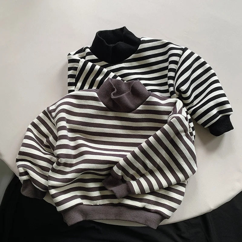 Warm Fleece Striped Turtleneck Sweatshirt